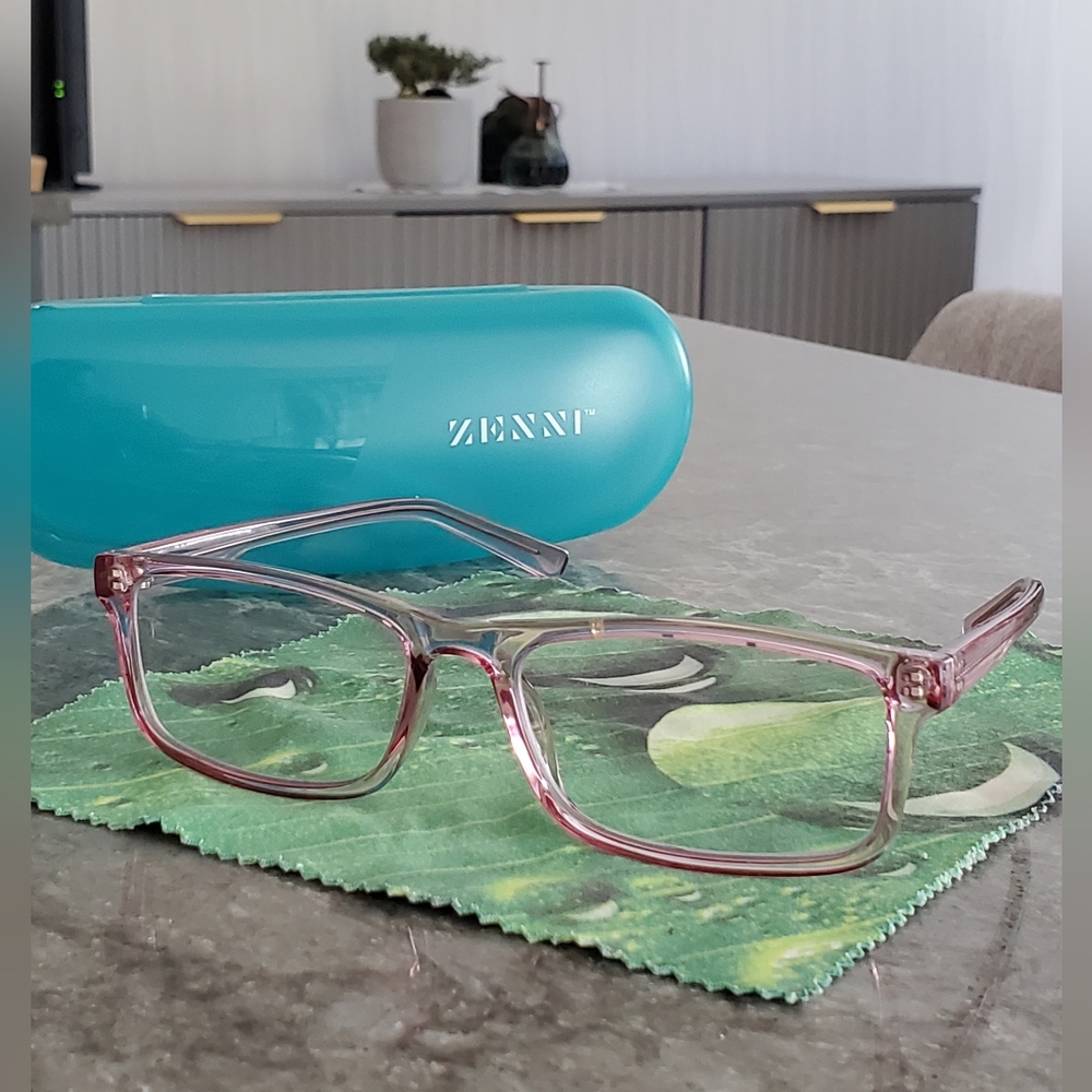 Zenni Pink Glasses with Blue Case